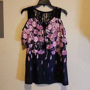 Unknown Source Black floral tank with sleeves off shoulder.